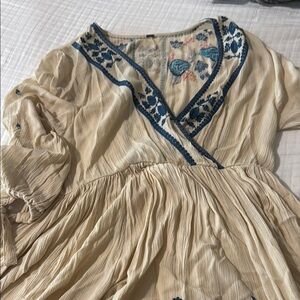 Free People Cream Dress with Blue and Pink Embroidery
